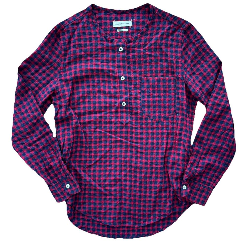 ISABEL MARANT ETOILE Sz 36 (US Small) Red Navy Check Collarless Women’s Blouse